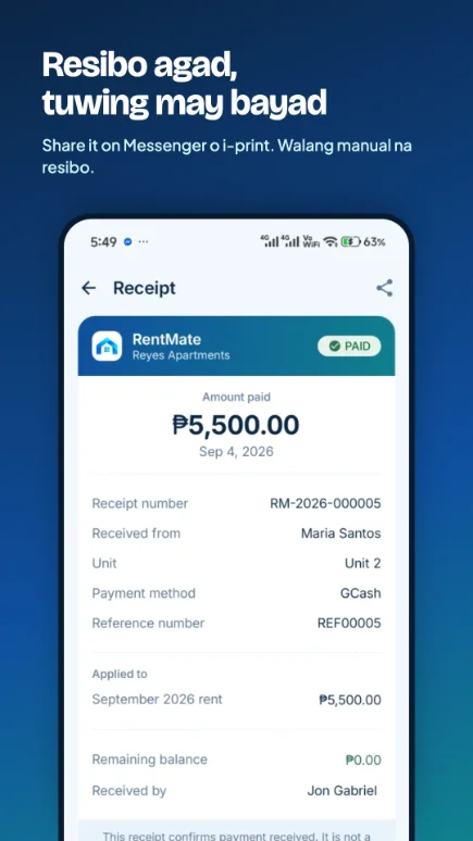 RentMate receipt screen: amount paid ₱5,500, receipt number, tenant, unit, GCash payment method, and remaining balance ₱0, with the caption Resibo agad, tuwing may bayad
