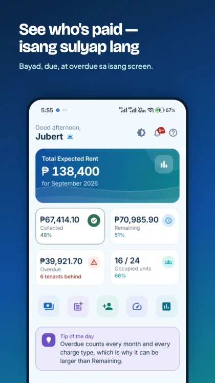 Dashboard: total expected rent, collected, remaining, overdue, and occupied units
