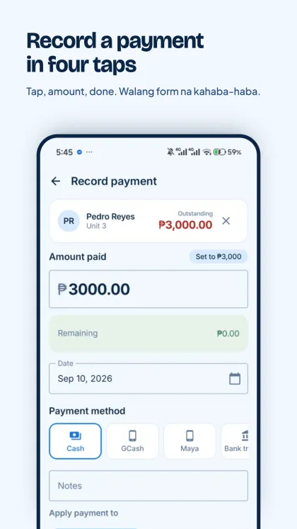 Record payment screen: amount paid, date, and payment method chips for cash, GCash, Maya, and bank transfer