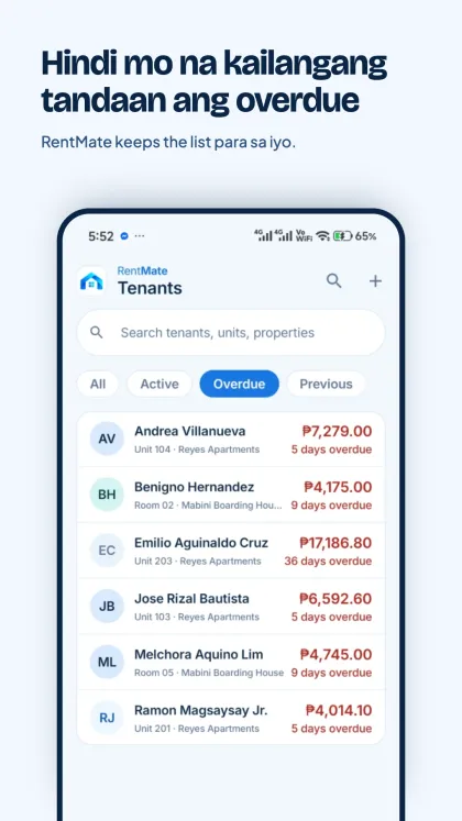 Tenants list filtered to overdue, showing each tenant's balance and days overdue