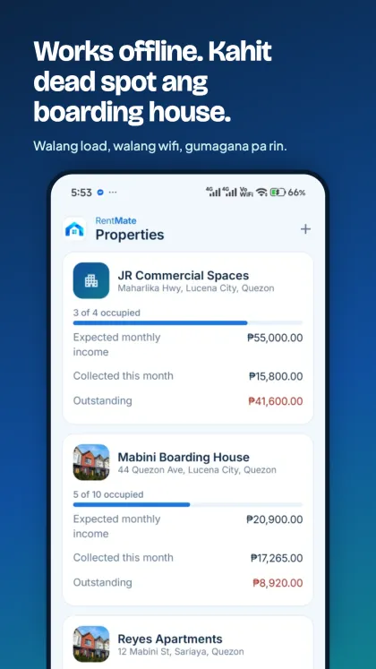 Properties list with occupancy, expected monthly income, collected this month, and outstanding per property