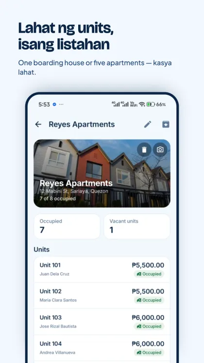 Property page for Reyes Apartments with occupied and vacant counts and a list of units with rent and status