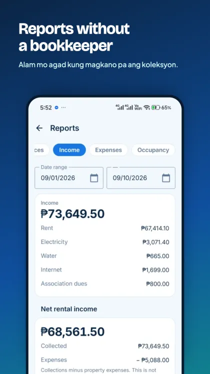Reports screen: income by rent, electricity, water, internet, and association dues, with net rental income